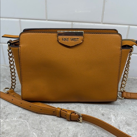 Nine West Tan Crossbody Bag with Boxy Shape and Metal Logo - Picture 1 of 6